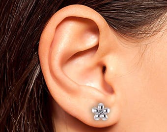 14k Solid Gold Diamond Flower Stud Earrings Floral Jewelry Gift For Her Lab Grown Diamond Studs