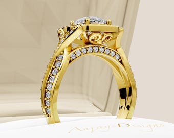 1 Carat Cushion Cut Engagement Ring Lab Grown Diamond Ring 18k Yellow Gold Unique Halo Wedding Ring