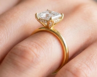 2 Carat Princess Cut Lab Grown Diamond E VS1 Tulip Set Ring 14k Yellow Gold Engagement Ring Leaf Hidden Halo Nature Inspired Ring