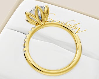 2 Carat Round Diamond Dainty Engagement Ring Tulip Set Ring 14k Yellow Gold Engagement Ring French Pave Wedding Ring