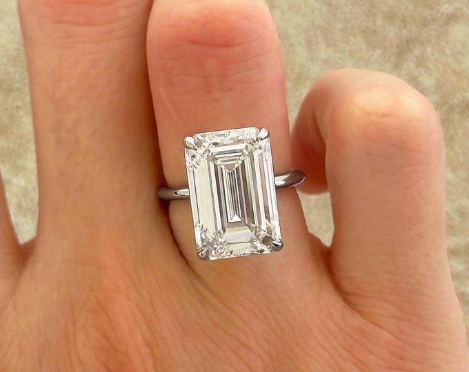 10 Carat Emerald Cut Lab Grown Diamond Solitaire Ring F VS1 IGI Certified Eagle Claw Prong Diamond Engagement Ring 14k White Gold