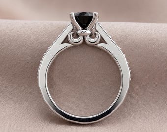 1 Carat Round Black Diamond Engagement Ring 14K White Gold 4 Prong Unique Diamond Bridal Ring