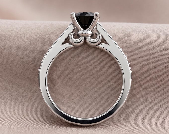 1 Carat Round Black Diamond Engagement Ring 14K White Gold 4 Prong Unique Diamond Bridal Ring