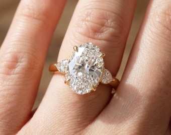 3 Carat Oval Lab Grown Diamond Ring 3 CT Oval Diamond Thin Engagement Ring Dainty Ring Small Pear Side Diamonds 14K Gold Hidden Halo