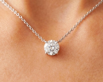 Floating Diamond Necklace Solitaire Pendant Round Cut Lab Grown Diamond Solid 14K Gold