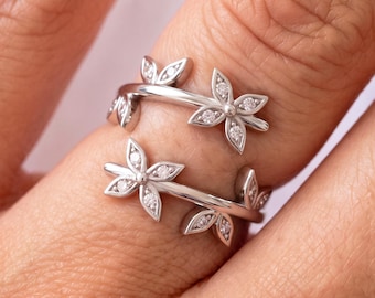 Petite Diamond Flower Ring Nature Inspired 14k White Gold Dainty Band Twist Ring Unique Leaf Vine Design