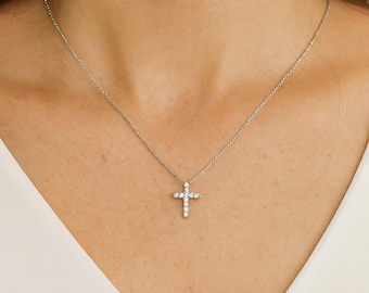 Diamond Cross Necklace Solid 14K Gold Cross Necklace Dainty Cross Charms Lab Grown Diamonds Gift for Women