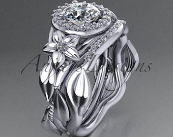 1ct Round Halo Engagement Ring Set Lab Grown Diamond Ring with Matching Band