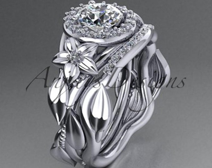 1ct Round Halo Engagement Ring Set Lab Grown Diamond Ring with Matching Band