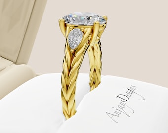 2 CT Oval Diamond Engagement Ring 18k Yellow Gold Braided Rope Ring Lab Grown Diamond Pear Side Diamond IGI Certified