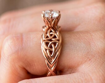 Celtic Rope Engagement Ring 14K Rose Gold 1 Carat Lab Grown Diamond Trinity Knot Twisted Bridal Ring