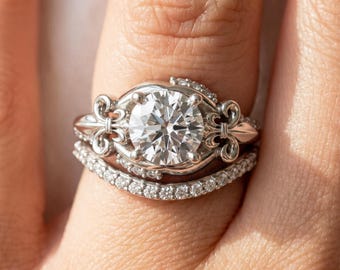 Fleur de Lis Bridal Set 14k White Gold 1 Carat Round Diamond Lab Grown Engagement Ring Set