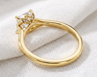 2ct Asscher Cut Lab Grown Diamond Engagement Ring, Lotus Flower Tulip Prong Setting, IGI Certified 14k Yellow Gold Nature Inspired Ring