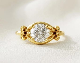 Fleur De Lis Engagement Ring 1 Carat Diamond Vintage Wedding Ring IGI Certified 14k Yellow Gold