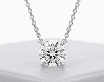 Floating Diamond Necklace Solitaire Pendant Round Cut Lab Grown Diamond Solid 14K Gold
