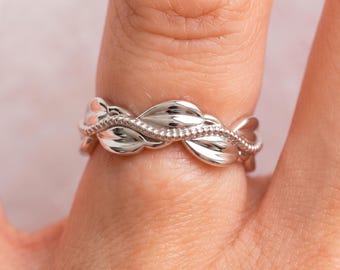 Unique Nature Inspired Wedding Band Women Leaf Vine Wedding Band 14k Solid White Gold