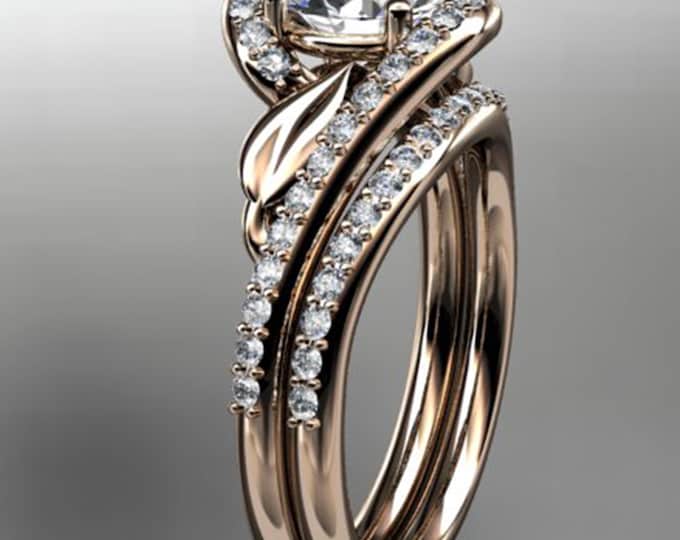 Nature Inspired Diamond Engagement Ring Set 1 Carat Lab Grown Diamond Leaf Ring 14k Rose Gold IGI Certified with Diamond Matching Band