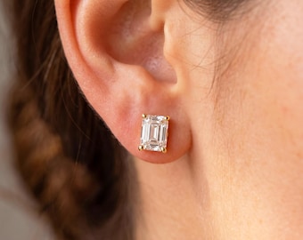 Emerald Cut Diamond Stud Earrings 14K Solid Gold Lab Grown Diamond Earrings 4 Prong VS1 Clarity IGI Certified