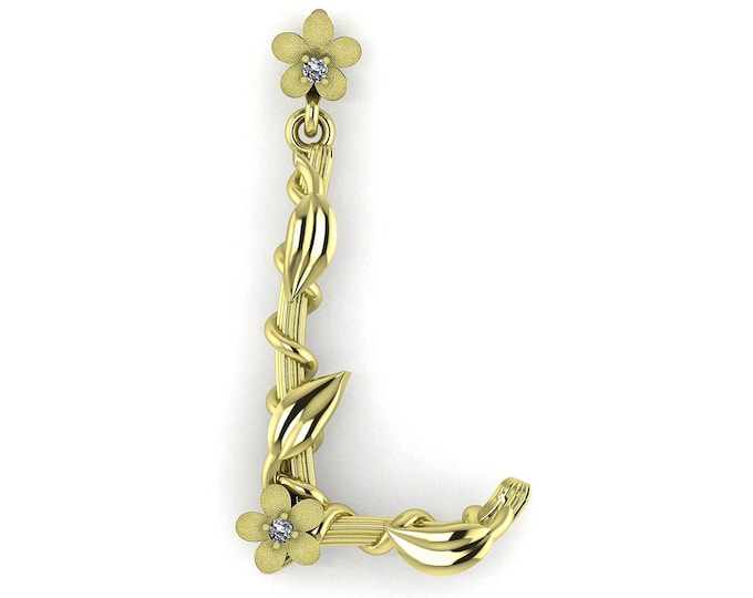 Unique Diamond Floral Letter L Pendant 14k Solid Gold Nature Inspired Necklace Initial Charm Gift For Her