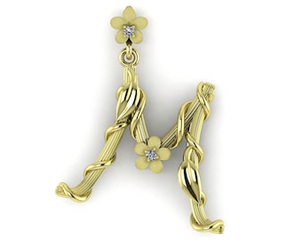 Diamond Letter M Pendant 14k Solid Gold Nature Inspired Floral Initial Charm For Her Chain Necklace