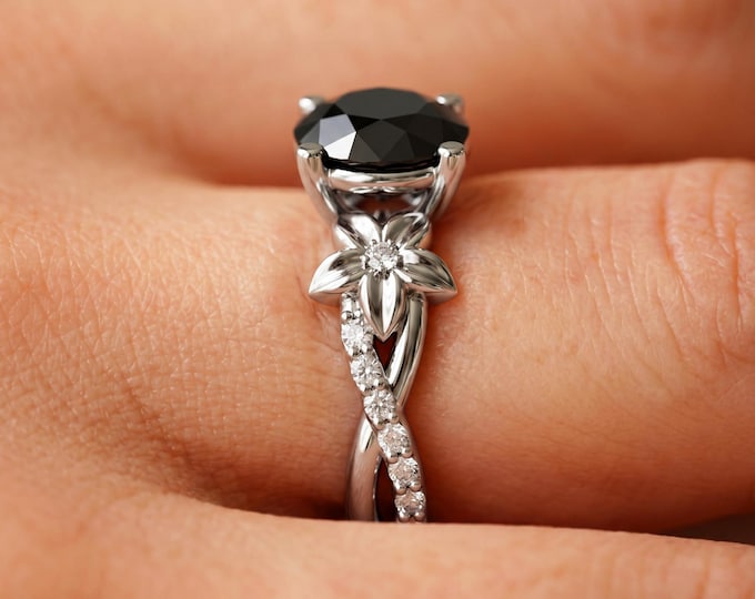 2 Carat Black Diamond Engagement Ring Nature Inspired Diamond 18k White Gold Flower Wedding Ring
