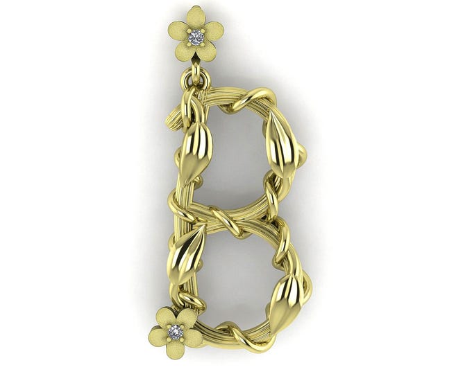 Solid 14k Gold Nature Inspired Letter B Pendant For Women Necklace Diamond Initial Floral Charm Gift For Her