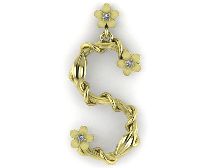 Nature Inspired Letter S Initial Diamond Pendant Solid 14k Gold Flower Charm For Her Necklace