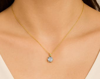 Diamond Solitaire Pendant 6 Prong Round Lab Grown Diamond Pendant Solid 14K Gold Single Diamond Necklace Perfect Gift
