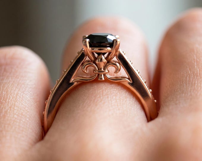 1 Carat Round Black Diamond Engagement Ring 14K Rose Gold 4 Prong Unique Black Diamond Bridal Ring
