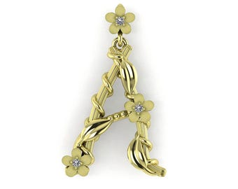 Nature Inspired Letter A Initial Pendant 14k Gold Unique Necklace Floral Charm Gift For Her