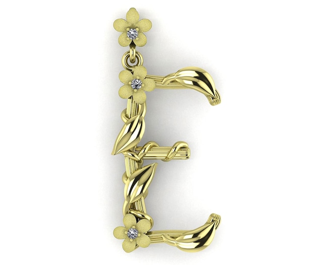 Solid 14k Gold Nature Inspired Letter E Pendant For Women Necklace Diamond Initial Charm Floral Jewelry Gift For Her