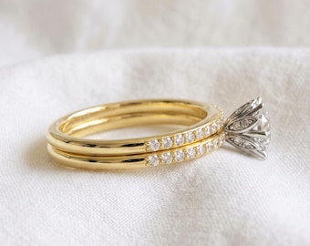 Diamond Floral Engagement Ring Set, 1ct Round Lab Grown Tulip Prong Wedding Set, 14k Yellow Gold Nature Inspired Bridal Set