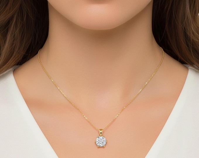 Diamond Solitaire Pendant 6 Prong Round Lab Grown Diamond Pendant Solid 14K Gold Single Diamond Necklace Perfect Gift