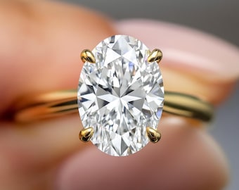 3 Carat Oval Cut Engagement Ring Oval Lab Grown Diamond Ring 18K Yellow Gold Ring 2.0mm Thin Ring Minimalist Dainty Ring