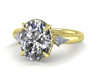 3 Carat Oval Lab Grown Diamond Engagement Ring Kite Cut Diamonds 14K Yellow Gold Trilogy Diamond Hidden Halo Ring