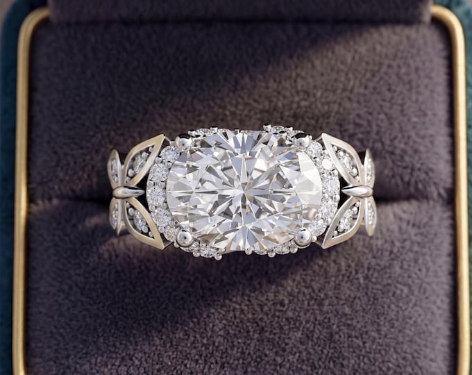 2 Carat Oval Lab Grown Diamond Ring Butterfly Oval Diamond Nature Inspired Engagement Ring 14k White Gold East to West Oval Diamond Ring