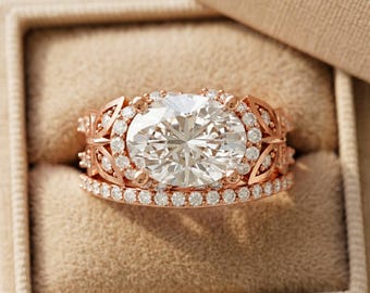 Butterfly Engagement Ring Set 2 Carat Oval Lab Grown Diamond Ring Nature Inspired Bridal Set 14k Rose Gold