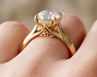 Celtic Diamond Engagement Ring 3 Carat Oval Lab Grown Diamond Hidden Halo Wedding Ring 14k Yellow Gold Proposal Ring