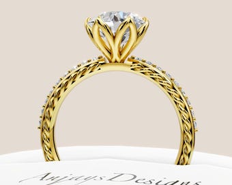 2 Carat Round Diamond Engagement Ring Nature Inspired Ring 14k Yellow Gold Braided Wedding Ring IGI Certified Lab Grown Diamond