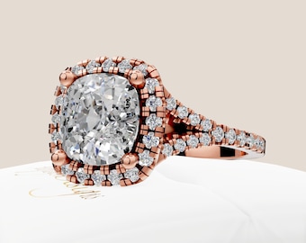 3 Carat Cushion Lab Grown Diamond Halo Engagement Ring Pave Wedding Ring Cushion Cut Diamond Ring 14k Rose Gold
