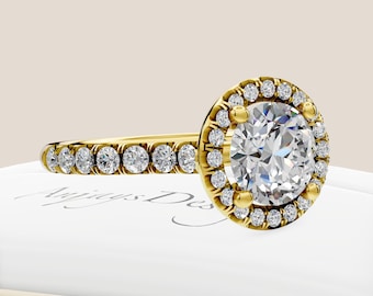 1 Carat Round Lab Grown D VS1 Diamond Ring Halo Engagement Ring 14k Yellow Gold IGI Certified