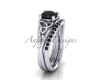 Celtic Bridal Engagement Set Black Diamond Handmade 14k White Gold