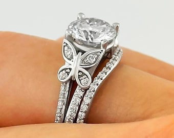 Butterfly Engagement Ring Set 14k Gold Round IGI Certified Lab Grown Diamond Unique Nature Inspired Bridal Set