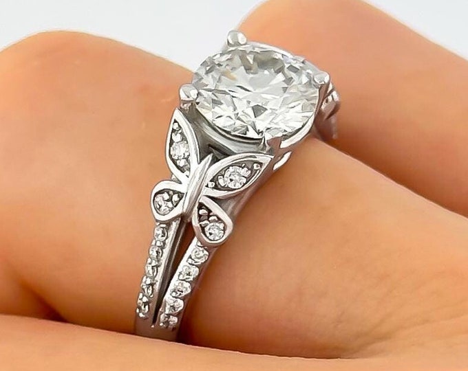 Butterfly Engagement Ring 14k Gold Round Lab Diamond Ring