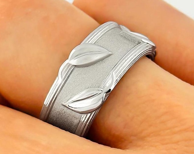 Nature Inspired Wedding Band 14k Solid Gold Leaf Band Unique Floral Matte Ring