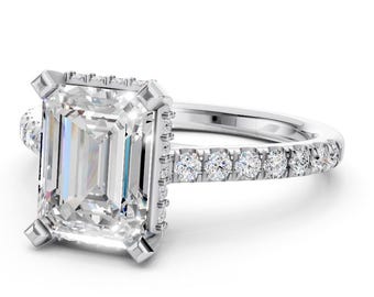 2 CT Emerald Cut Lab Grown Diamond Ring Hidden Halo Engagement Ring 14k White Gold IGI Certified
