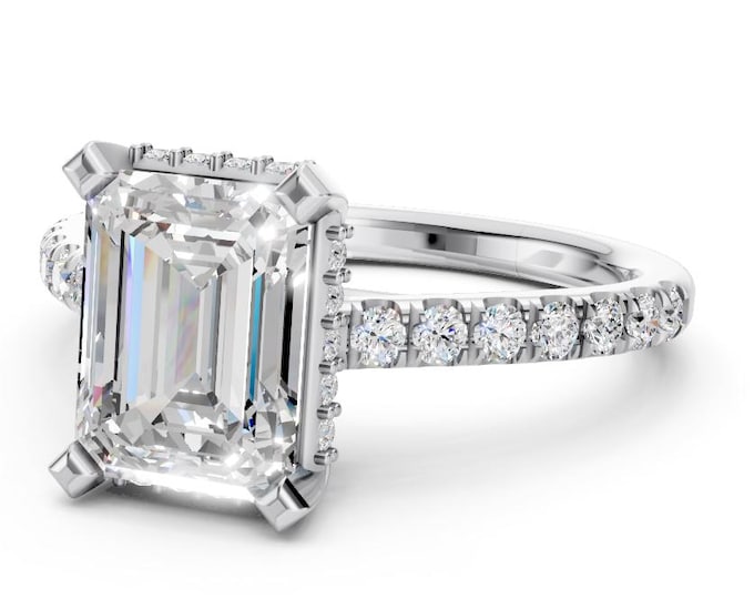 2 CT Emerald Cut Lab Grown Diamond Ring Hidden Halo Engagement Ring 14k White Gold IGI Certified