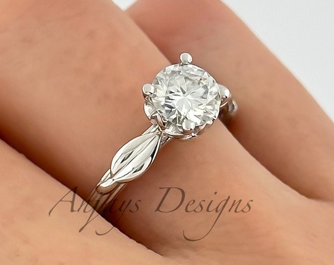 Nature Inspired Diamond Engagement Ring Round 1ct Lab Grown Diamond Leaf Vine Branch Wedding Ring