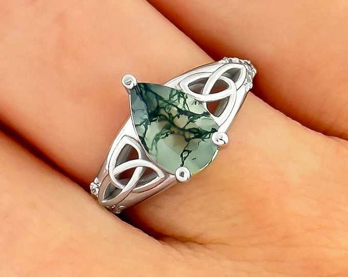 Moss Agate Engagement Ring Celtic Pear Shaped 14K White Gold Ring