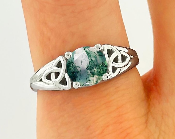 Green Moss Agate Ring Celtic Engagement 14K White Gold Ring Round 1 Carat Moss Agate Ring